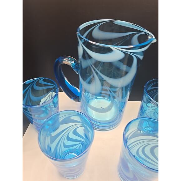 VINTAGE HANDBLOWN BLUE FENTON LIKE ART GLASS OPALESCENT SWIRLED SET OF 5 - Picture 2 of 5